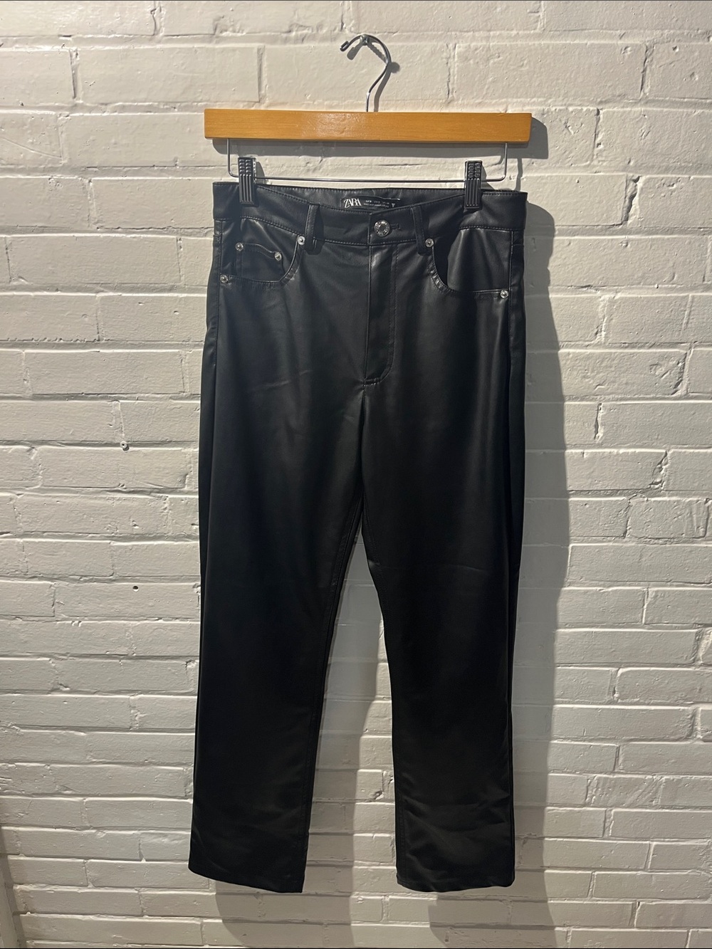 Zara Women’s Black Straight-Leg Faux Leather Jeans